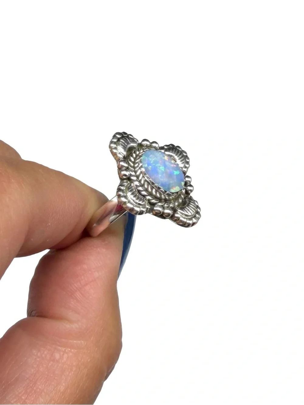 Fire Opal Ring Size 7 Solid 925 Sterling Silver Light Blue Stone